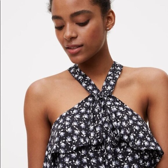 NWT LOFT Bluebell Flounce Halter Romper in Black White Floral Print Petite Small - Picture 6 of 13